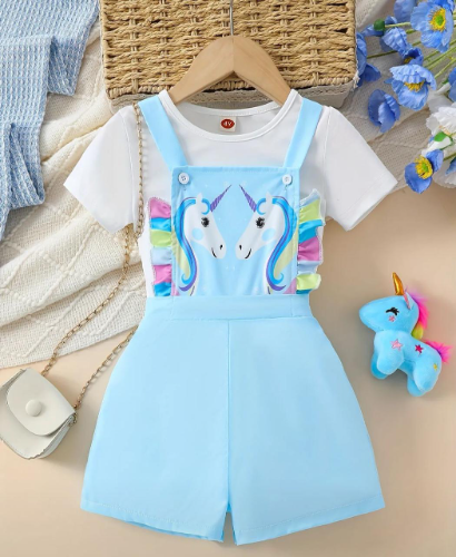 CJ OVEROL AZUL UNICORNIOS BLUSA BLANCA